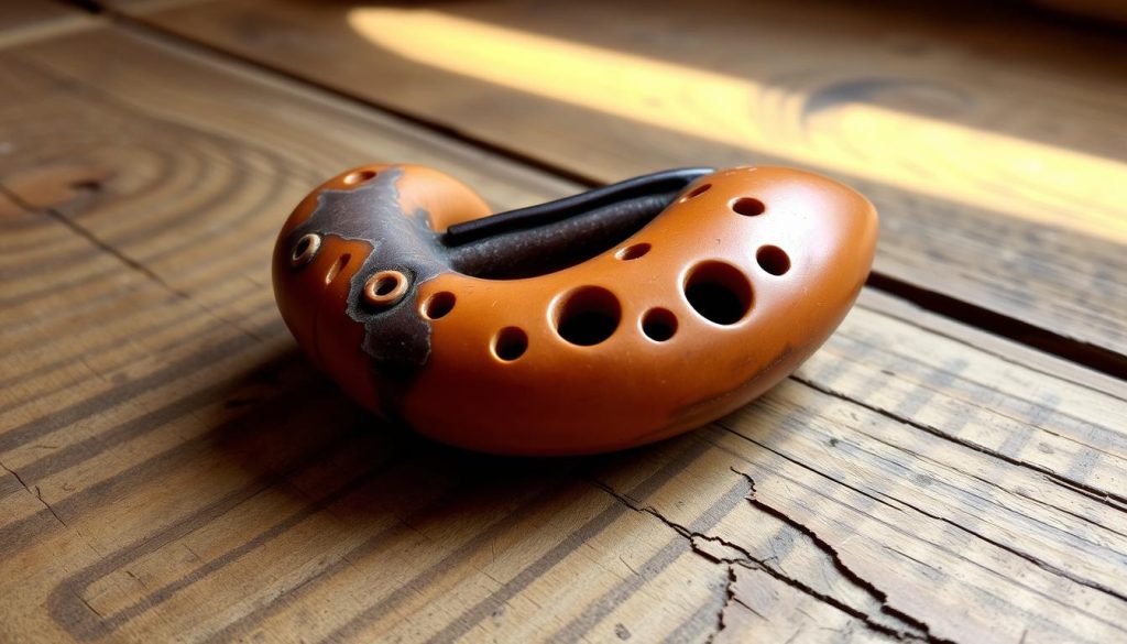 A finely crafted, antique ocarina from Budrio, Italy, resting on a weathered wooden surface. The instrument's torus-shaped body is intricately detailed, with a rich, aged patina and subtle variations in its terracotta hue. Intricate finger holes dot its surface, hinting at the complex, haunting melodies it can produce. The ocarina is positioned against a backdrop of warm, ambient lighting, casting gentle shadows that accentuate its organic form. The overall scene evokes a sense of timeless craftsmanship and the rich musical heritage of this unique wind instrument.