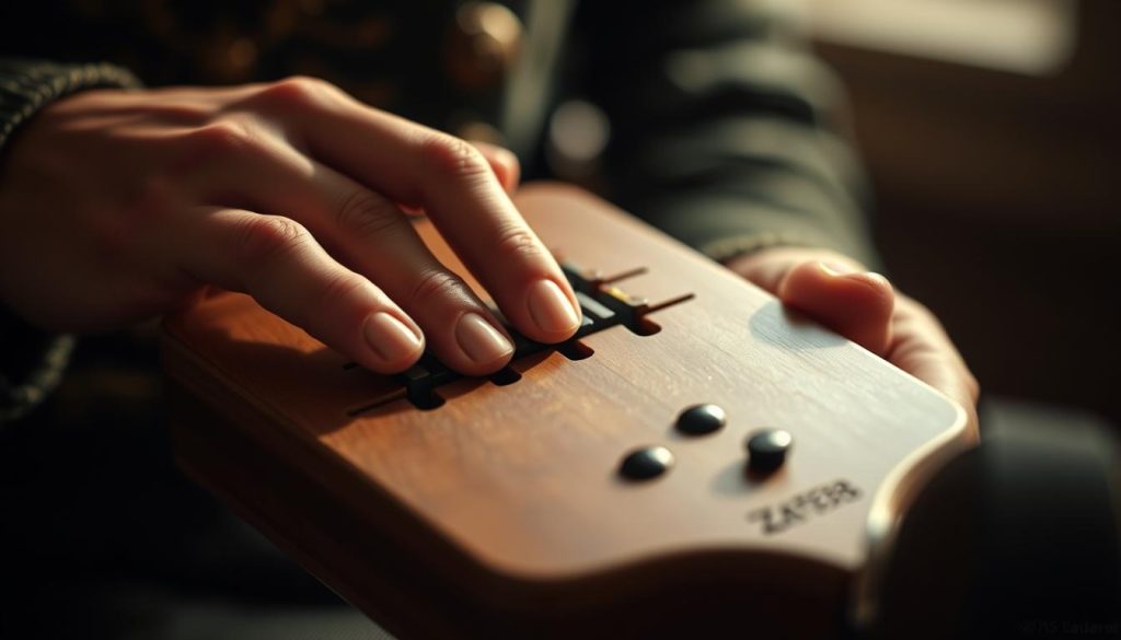 A close-up view of a musician's hands gently resting on an ocarina, fingers delicately positioned over the instrument's finger holes. The lighting is soft and warm, creating a serene, intimate atmosphere. The ocarina is rendered in intricate detail, showcasing its organic, earthy tones. The background is slightly blurred, keeping the focus on the hands and the instrument. The overall composition suggests the tranquil, melodic nature of Zelda's Lullaby, evoking a sense of nostalgia and wonder.