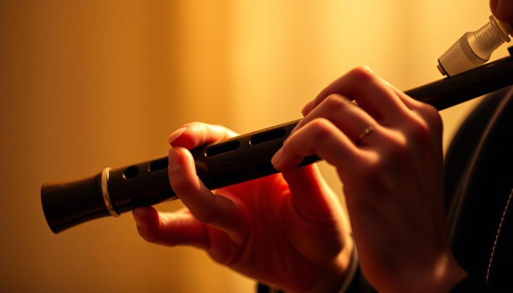 A skilled ocarinist's hands carefully crafting a melodic masterpiece, the intricate ocarina held with precision against a softly lit backdrop. Warm tones and gentle shadows highlight the player's focused expression, their fingers deftly navigating the instrument's delicate openings. The scene exudes a sense of practice, dedication, and the pursuit of musical harmony, embodying the essence of "Optimiser votre pratique : tempo, fuites d'air et régularité".