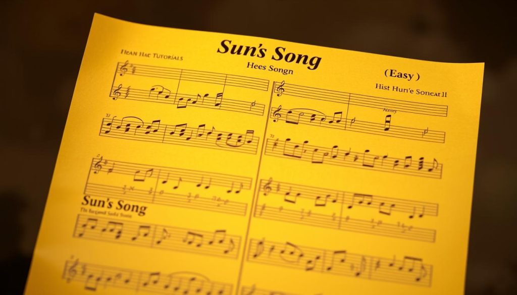 A detailed sheet music score of the "Sun's Song" from The Legend of Zelda, depicted in a warm, golden hue. The partitions are clearly legible, with crisp, defined lines and intricate musical notes adorning the pages. The sheet music is set against a blurred, atmospheric background, creating a sense of focus and emphasis on the central subject. Soft, diffused lighting illuminates the sheet music, giving it a glowing, ethereal quality. The overall composition conveys a sense of clarity, elegance, and musical tranquility, perfectly complementing the "easy" level of the "Sun's Song" ocarina tutorial. A detailed sheet music score of the "Sun's Song" from The Legend of Zelda, depicted in a warm, golden hue. The partitions are clearly legible, with crisp, defined lines and intricate musical notes adorning the pages. The sheet music is set against a blurred, atmospheric background, creating a sense of focus and emphasis on the central subject. Soft, diffused lighting illuminates the sheet music, giving it a glowing, ethereal quality. The overall composition conveys a sense of clarity, elegance, and musical tranquility, perfectly complementing the "easy" level of the "Sun's Song" ocarina tutorial.