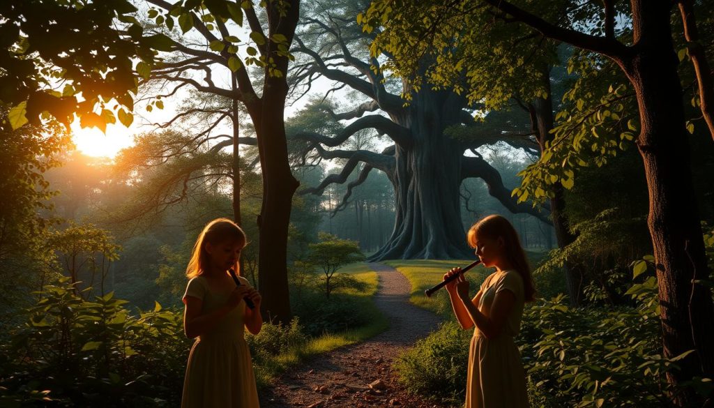 A tranquil forest scene at dusk, the soft glow of the setting sun filtering through the lush canopy of verdant leaves. In the foreground, two young ocarinists, their fingers skillfully dancing across the instruments, playing a haunting melody that echoes through the serene woodland. The middle ground features a winding path leading deeper into the Lost Woods, flanked by towering, ancient trees. In the background, the silhouette of a grand, mystical tree stands tall, its branches reaching skyward, as if guiding the music to the heavens. The atmosphere is one of wonder and enchantment, inviting the viewer to join the ocarinists on their musical journey through this enchanted realm.