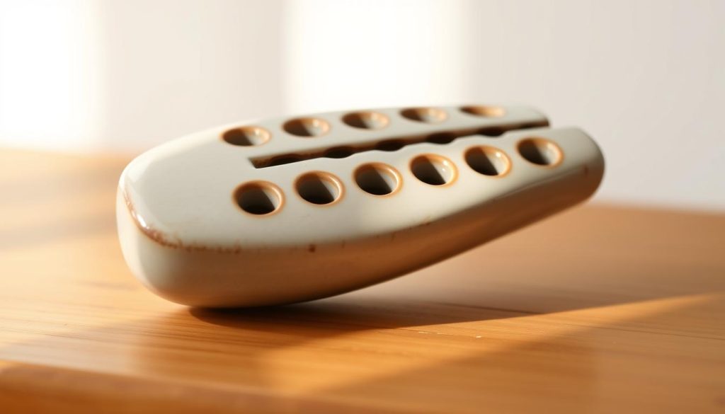 A ceramic ocarina, its intricate glazed surface reflecting soft, natural light. The instrument rests on a warm wooden surface, its 12 finger holes arranged in a harmonious pattern. The background fades gently, allowing the ocarina to take center stage, inviting the viewer to imagine the melodic tones it could produce. The overall composition conveys a sense of understated elegance and the quiet charm of a handcrafted musical instrument, perfect for the beginner ocarina enthusiast seeking quality and value.