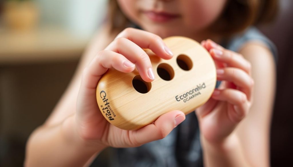 A close-up view of a child's hand holding an ergonomic ocarina instrument, showcasing the carefully spaced finger holes. The ocarina is positioned at a slight angle, allowing for a clear view of the finger positioning and overall hand-to-instrument interaction. The image is well-lit, with soft, diffused lighting that accentuates the natural textures of the ocarina and the child's skin. The background is slightly blurred, keeping the focus on the central subject. The overall mood is one of thoughtful exploration, capturing the ergonomic considerations that make the ocarina a suitable choice for young musicians. A close-up view of a child's hand holding an ergonomic ocarina instrument, showcasing the carefully spaced finger holes. The ocarina is positioned at a slight angle, allowing for a clear view of the finger positioning and overall hand-to-instrument interaction. The image is well-lit, with soft, diffused lighting that accentuates the natural textures of the ocarina and the child's skin. The background is slightly blurred, keeping the focus on the central subject. The overall mood is one of thoughtful exploration, capturing the ergonomic considerations that make the ocarina a suitable choice for young musicians.