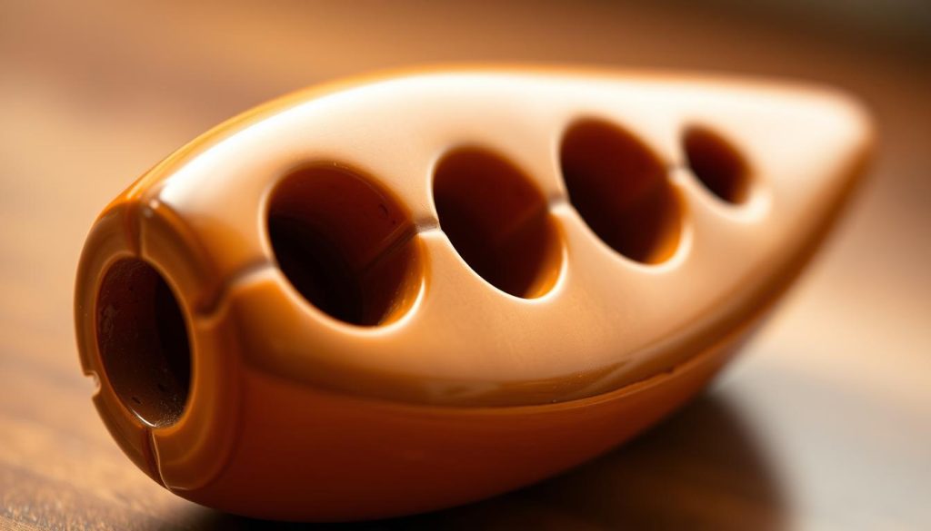 A close-up view of a double-chambered ocarina, capturing its intricate design and material composition. The ocarina's mouthpiece and finger holes are clearly visible, showcasing the precision craftsmanship. The instrument's surface reflects a warm, natural hue, suggesting the use of high-quality materials such as ceramic or wood. Warm, directional lighting accentuates the contours and textures, highlighting the ocarina's visual appeal and the attention to detail in its construction. The background is softly blurred, placing the focus entirely on the instrument and its sound-producing capabilities.