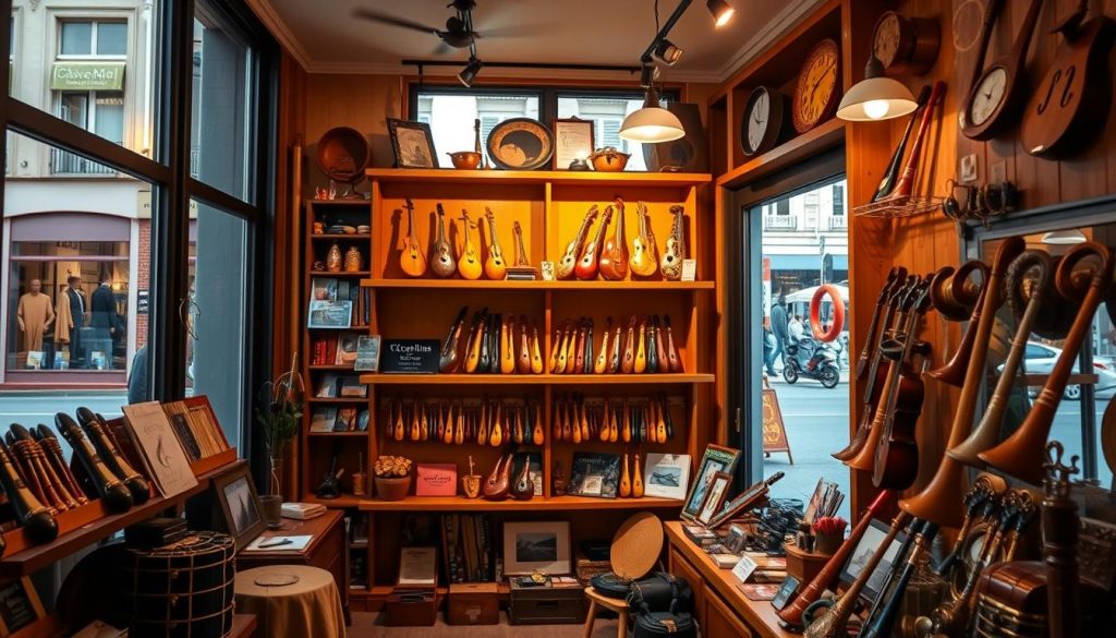A cozy, well-lit music shop interior, featuring an array of ocarinas and other wind instruments displayed on warm-toned wooden shelves. The shop's facade is visible through large display windows, letting in natural light and hinting at the Parisian streetscape outside. Soft, ambient lighting casts a inviting glow, while various musical trinkets and accessories add charming accents. The overall atmosphere is one of exploration, inspiration and a passion for music, reflecting the character of a quintessential Parisian musical instrument emporium. A cozy, well-lit music shop interior, featuring an array of ocarinas and other wind instruments displayed on warm-toned wooden shelves. The shop's facade is visible through large display windows, letting in natural light and hinting at the Parisian streetscape outside. Soft, ambient lighting casts a inviting glow, while various musical trinkets and accessories add charming accents. The overall atmosphere is one of exploration, inspiration and a passion for music, reflecting the character of a quintessential Parisian musical instrument emporium.