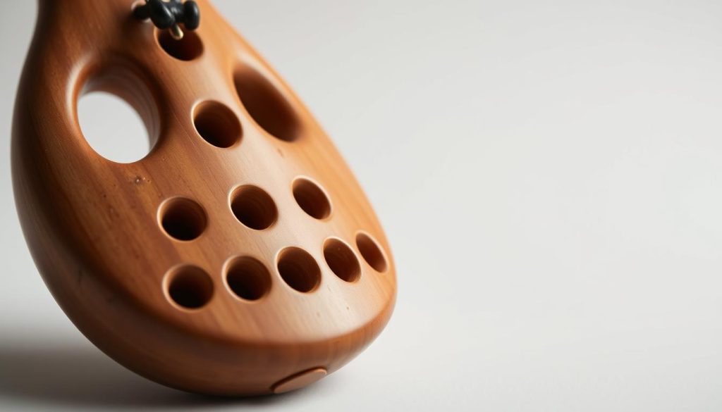 A detailed close-up view of the intricate finger holes, or trous, of a traditional ocarina. The instrument is positioned on a minimalist backdrop, with a soft, diffused lighting that accentuates the organic shapes and textures of the ceramic or wooden body. The focal point is the array of precisely carved, evenly spaced finger openings, each one a unique design element that contributes to the ocarina's distinct timbre and playability. The image conveys a sense of craftsmanship, precision, and the musical potential of this ancient wind instrument.
