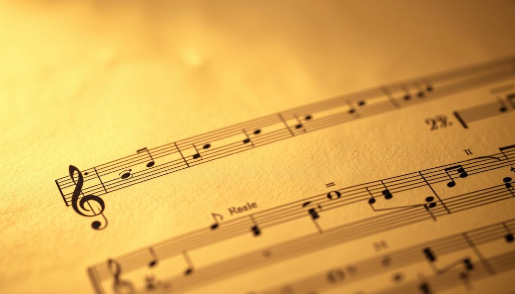 A detailed, meticulously crafted musical score displayed against a backdrop of warm, soft lighting. The staves and clefs are rendered with precision, the notes and symbols dancing across the page with an air of elegance. The foreground features a prominently displayed key signature, giving a sense of the musical key and tonality. In the middle ground, subtle gradients and textures evoke the feel of aged parchment, lending an air of timelessness to the composition. The background is a serene, muted palette, allowing the musical elements to take center stage and convey a sense of focus and concentration. The overall mood is one of thoughtful contemplation, inviting the viewer to immerse themselves in the intricacies of musical tessiture.
