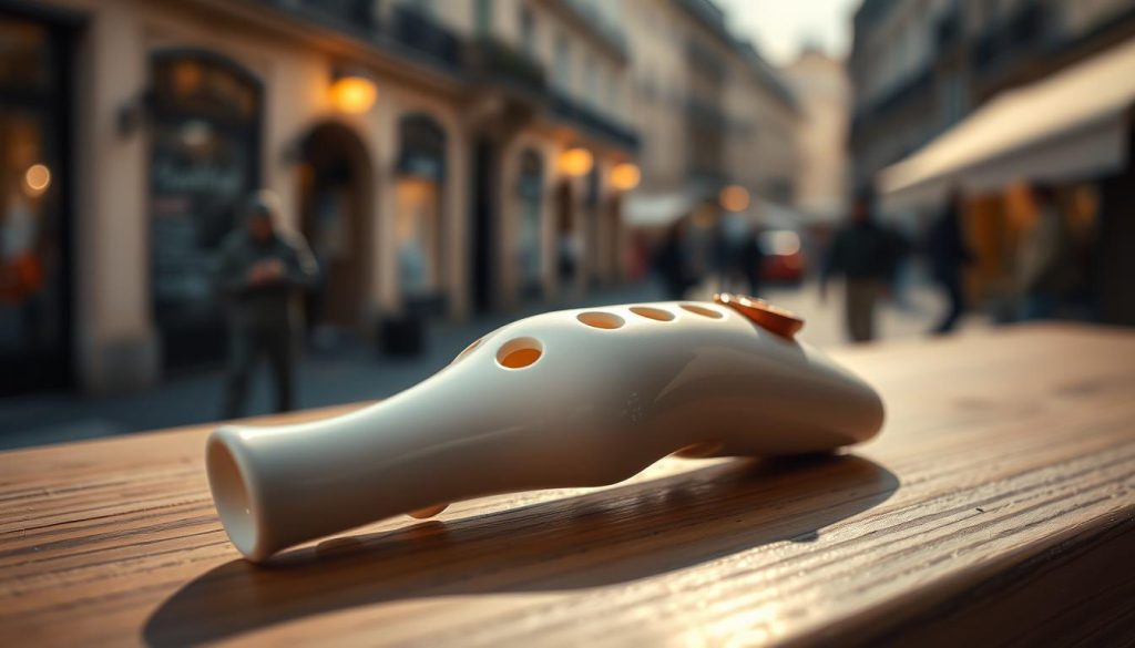 A finely crafted ocarina, its smooth ceramic body gleaming under soft, warm lighting. The instrument sits atop a wooden surface, casting a delicate shadow that adds depth and dimension. In the background, a blurred Parisian street scene unfolds, hinting at the city's rich cultural heritage. The ocarina's intricate finger holes and mouthpiece are captured in precise detail, inviting the viewer to imagine the melodic tones it could produce. This serene, contemplative composition captures the essence of the Parisian ocarina, ready to be discovered by the discerning reader. A finely crafted ocarina, its smooth ceramic body gleaming under soft, warm lighting. The instrument sits atop a wooden surface, casting a delicate shadow that adds depth and dimension. In the background, a blurred Parisian street scene unfolds, hinting at the city's rich cultural heritage. The ocarina's intricate finger holes and mouthpiece are captured in precise detail, inviting the viewer to imagine the melodic tones it could produce. This serene, contemplative composition captures the essence of the Parisian ocarina, ready to be discovered by the discerning reader.