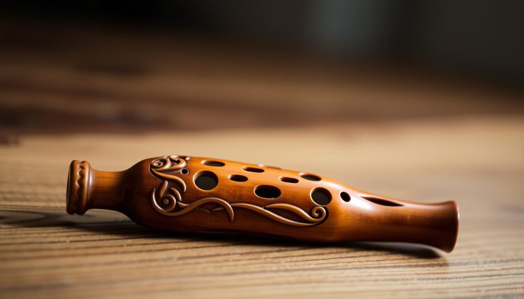 A high-quality acoustic ocarina with a warm, rich tone, resting on a wooden surface against a backdrop of soft, diffused lighting. The ocarina's intricate carved details and polished finish are accentuated, conveying a sense of craftsmanship and attention to detail. The image is captured from a slightly elevated angle, creating a sense of depth and drawing the viewer's eye to the instrument's form. The overall mood is one of elegance and refinement, befitting a premium musical instrument in the "around €100" price range.