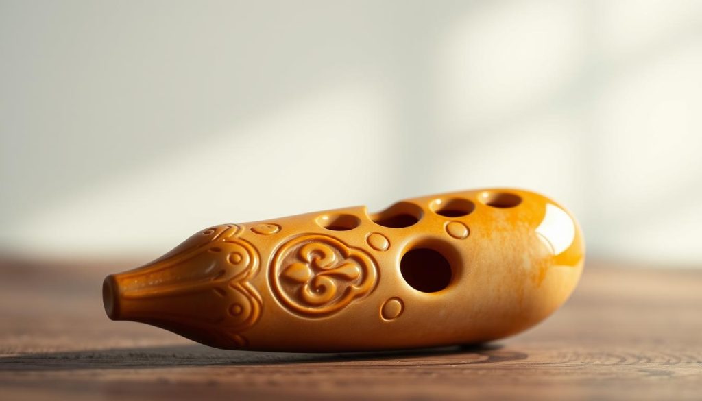 A high-quality ceramic ocarina, delicately crafted with intricate patterns and a smooth glazed surface. The instrument is positioned in the foreground, capturing the warm, natural tones and textures of the ceramic material. The middle ground features a neutral, soft-focus background, allowing the ocarina to take center stage. Diffused, directional lighting from the side casts gentle shadows, accentuating the ocarina's three-dimensional form and highlighting its elegant design. The overall mood is one of refined simplicity, showcasing the beauty and craftsmanship of this traditional musical instrument. A high-quality ceramic ocarina, delicately crafted with intricate patterns and a smooth glazed surface. The instrument is positioned in the foreground, capturing the warm, natural tones and textures of the ceramic material. The middle ground features a neutral, soft-focus background, allowing the ocarina to take center stage. Diffused, directional lighting from the side casts gentle shadows, accentuating the ocarina's three-dimensional form and highlighting its elegant design. The overall mood is one of refined simplicity, showcasing the beauty and craftsmanship of this traditional musical instrument.