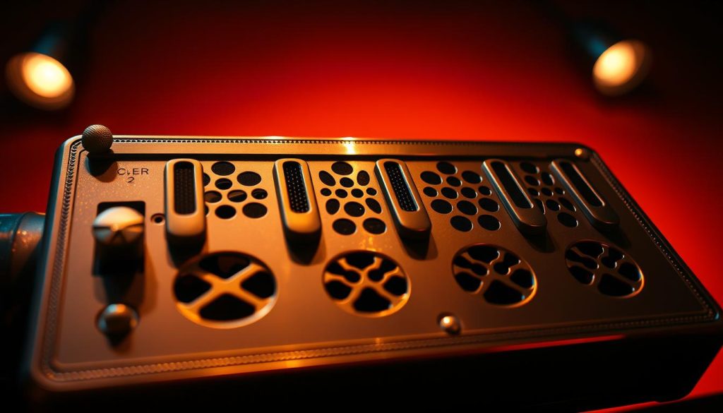 A high-quality, detailed instrument vent set against a warm, ambient background. The vent features intricate metalwork, vents, and grille patterns, capturing the elegant design and craftsmanship of a premium musical instrument. The lighting is soft and directional, creating subtle shadows and highlights that emphasize the vent's contours. The overall mood is one of sophistication and artistry, befitting a premium, high-end ocarina. The scene is captured from a low angle, emphasizing the vent's stature and presence, as if it were the centerpiece of a meticulously curated studio or showroom display.