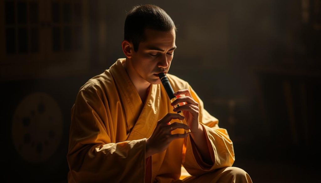 A musician, dressed in a flowing robe, sits in a dimly lit room, their fingers delicately caressing the keys of an ocarina. Soft, warm lighting illuminates their focused expression, highlighting the graceful movements of their breath as they coax a soulful melody from the instrument. The background is hazy, with a sense of depth and atmosphere, drawing the viewer's attention to the musician's mesmerizing performance. The composition captures the ergonomic and technical aspects of playing the ocarina, conveying the skill and artistry required to master this unique wind instrument.