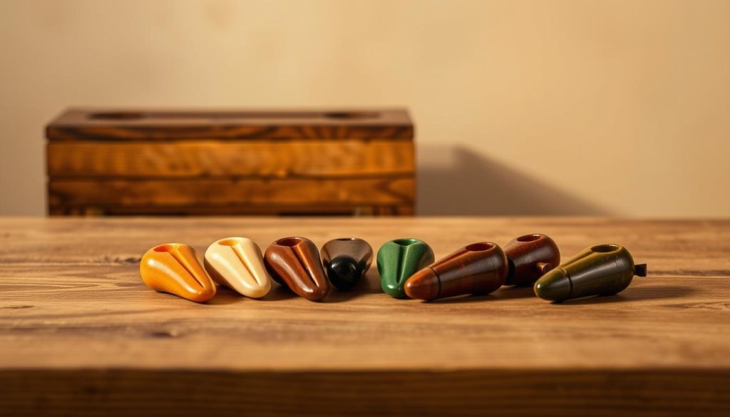 A serene display of well-crafted, high-quality ocarinas from renowned French brands, showcased on a wooden table under warm, soft lighting. The instruments are positioned gracefully, their unique shapes and intricate detailing highlighted. The background features a muted, natural palette, creating a sense of elegance and craftsmanship. The overall composition conveys the expertise and reputation of the featured ocarina makers, inviting the viewer to appreciate the artistry and history of these iconic musical instruments.