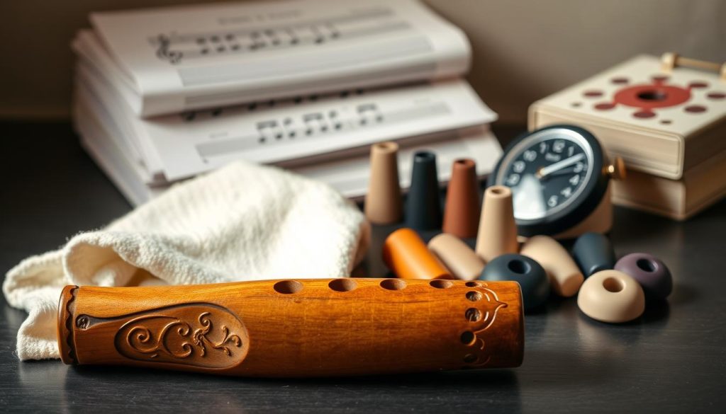 A still life arrangement of various accessories for playing the alto C ocarina. In the foreground, a polished wooden ocarina with intricate carvings, accompanied by a soft cloth for cleaning and maintenance. In the middle ground, a set of interchangeable ocarina mouthpieces in different materials, allowing for personalized playing experiences. In the background, a stack of sheet music and a metronome, suggesting the dedication and practice required to master this unique wind instrument. The lighting is soft and warm, creating a cozy, intimate atmosphere suitable for a musical performance or practice session. The overall composition highlights the attention to detail and care required to maintain and enhance the ocarina's performance and longevity.