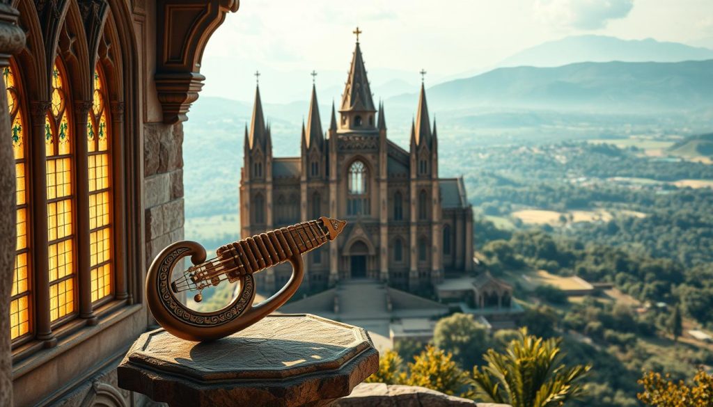 A sweeping panoramic scene of the ancient world, centered on a majestic ocarina. In the foreground, the intricate instrument sits atop a weathered stone pedestal, its graceful curves and intricate carvings catching the soft, warm light filtering through high windows. In the middle ground, a grand cathedral-like structure dominates the landscape, its Gothic spires and stained glass windows hinting at a rich cultural history. The background reveals a vast, rolling landscape dotted with lush forests and distant mountains, creating a sense of timeless wonder. The lighting is soft and atmospheric, casting long shadows and imbuing the scene with a contemplative, almost mystical mood. Capture the essence of the ocarina's storied past within this evocative, masterfully composed image. A sweeping panoramic scene of the ancient world, centered on a majestic ocarina. In the foreground, the intricate instrument sits atop a weathered stone pedestal, its graceful curves and intricate carvings catching the soft, warm light filtering through high windows. In the middle ground, a grand cathedral-like structure dominates the landscape, its Gothic spires and stained glass windows hinting at a rich cultural history. The background reveals a vast, rolling landscape dotted with lush forests and distant mountains, creating a sense of timeless wonder. The lighting is soft and atmospheric, casting long shadows and imbuing the scene with a contemplative, almost mystical mood. Capture the essence of the ocarina's storied past within this evocative, masterfully composed image.