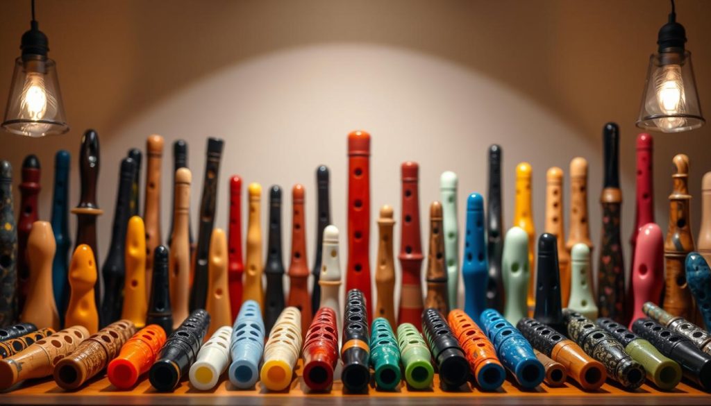 A well-lit display of various ocarina types, arranged in a visually appealing manner. In the foreground, a collection of traditional single-chamber ocarinas in diverse shapes and colors, showcasing their distinctive features. The middle ground features double and triple ocarinas, highlighting their unique design and potential for expanded musical range. In the background, a subtle, harmonious backdrop evokes the serene, soothing nature of ocarina music. The overall composition conveys a sense of artistry, expertise, and the versatility of these enchanting wind instruments.
