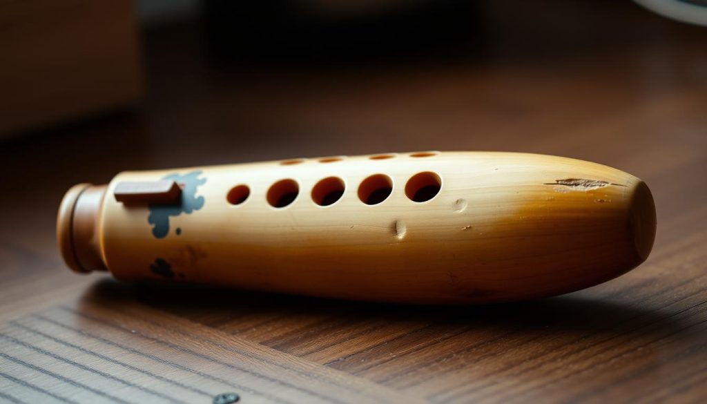 An aged, beautifully crafted ocarina in a natural, earthy tone rests on a wooden surface, its mouthpiece poised, ready to produce a rich, melodic sound. The ocarina's delicate finger holes are precisely aligned, hinting at the intricate, harmonious adjustment required for perfect tuning. Soft, diffused lighting gently illuminates the instrument, casting subtle shadows that accentuate its intricate curves and contours. The scene conveys a sense of focus, attention to detail, and the reverence for the ocarina's artisanal craftsmanship and musical potential.
