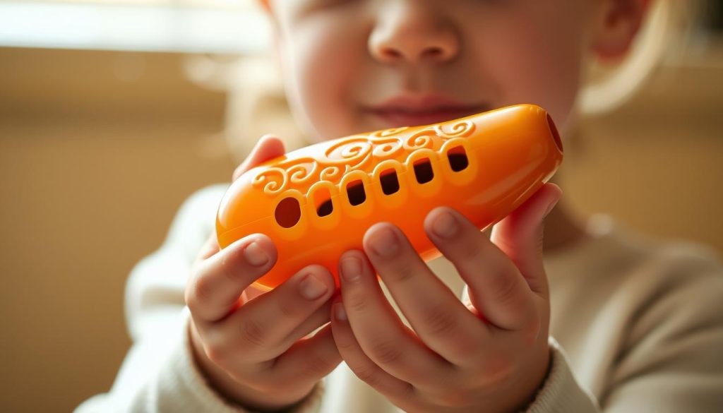 Detailed close-up of a high-quality accordage ocarina in the hands of a young child, against a warm, softly-lit background. The ocarina's intricate carved patterns and smooth glazed finish are clearly visible. The child's small fingers delicately holding the instrument, conveying a sense of wonder and curiosity. Gentle shadows and highlights accentuate the tactile quality of the ocarina and the child's skin. The composition is balanced and centered, creating an intimate, almost meditative atmosphere suitable for illustrating a guide on choosing the right ocarina for children. Detailed close-up of a high-quality accordage ocarina in the hands of a young child, against a warm, softly-lit background. The ocarina's intricate carved patterns and smooth glazed finish are clearly visible. The child's small fingers delicately holding the instrument, conveying a sense of wonder and curiosity. Gentle shadows and highlights accentuate the tactile quality of the ocarina and the child's skin. The composition is balanced and centered, creating an intimate, almost meditative atmosphere suitable for illustrating a guide on choosing the right ocarina for children.