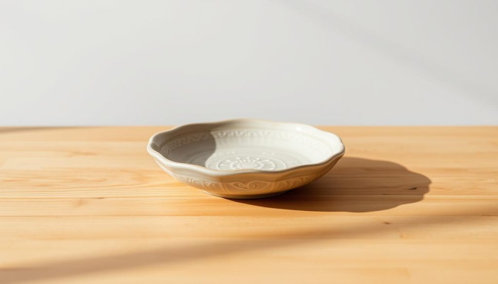 A ceramic dish, elegantly crafted with intricate patterns, sits atop a smooth wooden surface. The glazed surface reflects soft, warm lighting, casting gentle shadows that accentuate the object's three-dimensional form. In the background, a minimal, minimalist studio setting provides a clean, uncluttered backdrop, allowing the ceramic piece to be the central focus of the image. The overall mood is one of refined simplicity, highlighting the material's inherent beauty and the craftsmanship involved in its creation.