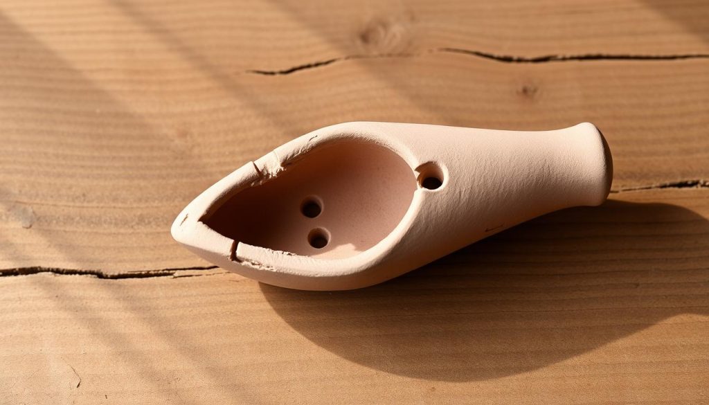 A clay ocarina sitting atop a rustic wooden surface, its hollow cavity and intricate finger holes visible. Soft, natural lighting casts gentle shadows, highlighting the texture and depth of the clay. The ocarina is centered in the frame, with a clean, uncluttered background that allows the instrument to be the focal point. The image conveys a sense of craftsmanship, simplicity, and the beauty of the artisanal process of creating a musical instrument from raw materials. A clay ocarina sitting atop a rustic wooden surface, its hollow cavity and intricate finger holes visible. Soft, natural lighting casts gentle shadows, highlighting the texture and depth of the clay. The ocarina is centered in the frame, with a clean, uncluttered background that allows the instrument to be the focal point. The image conveys a sense of craftsmanship, simplicity, and the beauty of the artisanal process of creating a musical instrument from raw materials.