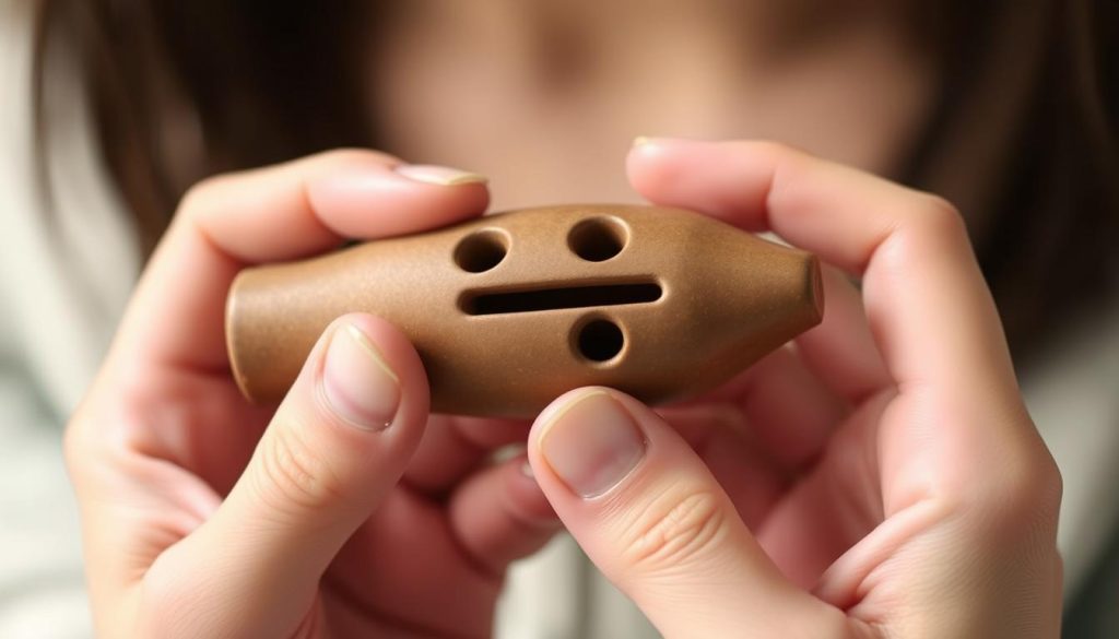 A close-up shot of an ocarina, held in a pair of hands with fingers delicately covering the finger holes. The ocarina has a matte, earthen ceramic finish, with a subtle texture that adds to its tactile appeal. The lighting is soft and diffused, creating gentle shadows that highlight the curves and contours of the instrument. The hands are positioned to showcase the ergonomic design, with the fingers comfortably wrapping around the ocarina's body, demonstrating the instrument's ease of use and comfort during play. The background is blurred, keeping the focus on the interaction between the hands and the ocarina, emphasizing the personal, intimate nature of this musical experience.