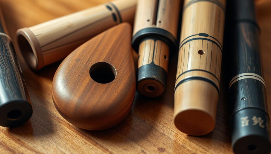 A close-up view of a collection of traditional wind instruments, including a wooden ocarina and a pan flute, arranged on a warm-toned wooden surface. The ocarina has a distinct teardrop shape and smooth, earthen finish, while the pan flute displays its distinctive rows of bamboo pipes. Soft, directional lighting casts gentle shadows, highlighting the intricate details and textures of the instruments. The composition emphasizes the visual contrast and unique characteristics of these two distinct musical tools, inviting the viewer to appreciate the nuances that distinguish the ocarina and pan flute.