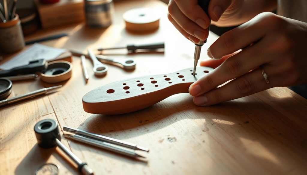 A close-up view of a person's hands carefully drilling precise holes into the surface of a handcrafted clay ocarina. The ocarina rests on a clean, well-lit wooden workbench, surrounded by various small tools and accessories. Warm, natural lighting casts gentle shadows, emphasizing the intricate detail of the drilling process. The focus is sharp, capturing the concentration and precision required to properly tune the instrument. The background is softly blurred, keeping the attention on the delicate work at hand. An atmosphere of careful craftsmanship and attention to detail permeates the scene. A close-up view of a person's hands carefully drilling precise holes into the surface of a handcrafted clay ocarina. The ocarina rests on a clean, well-lit wooden workbench, surrounded by various small tools and accessories. Warm, natural lighting casts gentle shadows, emphasizing the intricate detail of the drilling process. The focus is sharp, capturing the concentration and precision required to properly tune the instrument. The background is softly blurred, keeping the attention on the delicate work at hand. An atmosphere of careful craftsmanship and attention to detail permeates the scene.