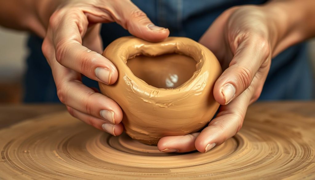 A closeup view of a person's hands carefully molding and shaping a lump of soft, malleable clay. The clay has a warm, earthy tone and glistens slightly under the gentle lighting, revealing its smooth, pliable texture. The hands move with precision and care, gently coaxing the clay into a distinctive, bowl-like shape, as if forming the hollow cavity of an ocarina. The background is blurred, keeping the focus solely on the intricate, hands-on process of clay preparation, conveying a sense of focus, patience, and the artistry of handcrafting. A closeup view of a person's hands carefully molding and shaping a lump of soft, malleable clay. The clay has a warm, earthy tone and glistens slightly under the gentle lighting, revealing its smooth, pliable texture. The hands move with precision and care, gently coaxing the clay into a distinctive, bowl-like shape, as if forming the hollow cavity of an ocarina. The background is blurred, keeping the focus solely on the intricate, hands-on process of clay preparation, conveying a sense of focus, patience, and the artistry of handcrafting.