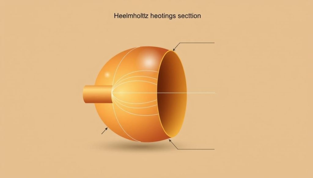 A detailed cross-sectional diagram of a Helmholtz resonator, featuring a spherical chamber with a narrow neck. The resonator is shown in a warm, earthy color palette, with a subtle gradient illuminating the structure from the side. The diagram highlights the key components, including the main cavity, the cylindrical neck, and the air flow patterns. The overall composition emphasizes the acoustic principles at work, showcasing the Helmholtz resonator's role in generating and shaping sound waves, particularly in the context of wind instruments like the ocarina and pan flute.