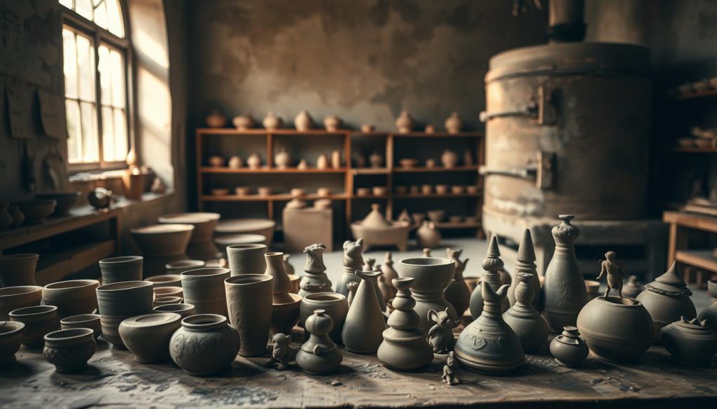 A dimly lit ceramic workshop, with sunlight filtering through a large window. In the foreground, a carefully arranged assortment of clay objects, ranging from simple cups to intricate figurines, rests on a wooden workbench. The objects are in various stages of the drying process, some still moist and pliable, others gradually hardening and developing a matte, earthy texture. The middle ground reveals a series of shelves lining the walls, holding more partially dried clay pieces, each casting soft shadows on the surrounding surfaces. In the background, a large kiln stands at the ready, its imposing presence hinting at the transformative power of heat and the final stage of the pottery-making journey. The overall atmosphere is one of quiet contemplation and the tactile exploration of an ancient craft. A dimly lit ceramic workshop, with sunlight filtering through a large window. In the foreground, a carefully arranged assortment of clay objects, ranging from simple cups to intricate figurines, rests on a wooden workbench. The objects are in various stages of the drying process, some still moist and pliable, others gradually hardening and developing a matte, earthy texture. The middle ground reveals a series of shelves lining the walls, holding more partially dried clay pieces, each casting soft shadows on the surrounding surfaces. In the background, a large kiln stands at the ready, its imposing presence hinting at the transformative power of heat and the final stage of the pottery-making journey. The overall atmosphere is one of quiet contemplation and the tactile exploration of an ancient craft.