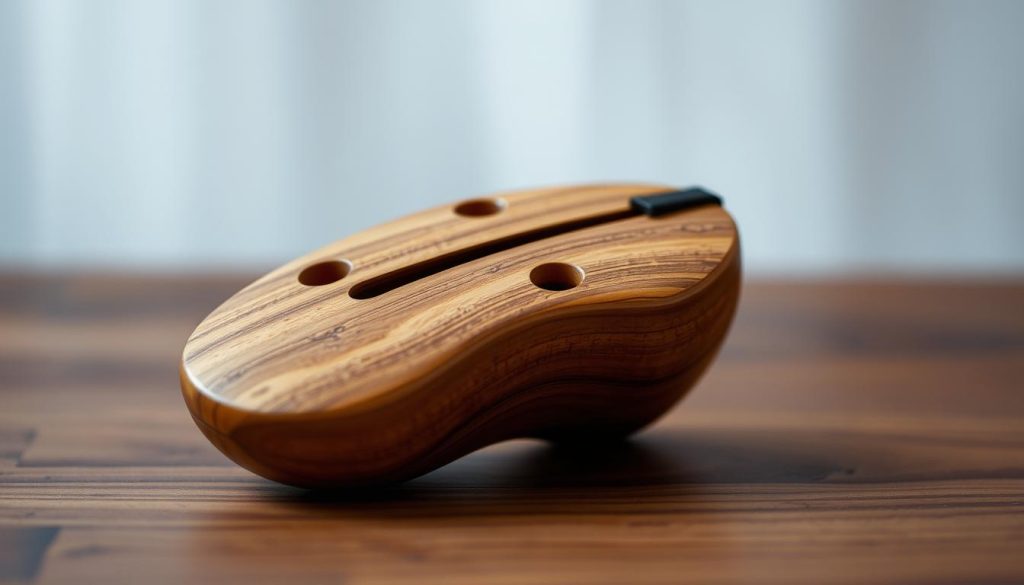 A finely crafted tessiture ocarina, meticulously designed with intricate details and a warm, earthy tone. The instrument rests on a wooden surface, gently illuminated by soft, diffused lighting that accentuates its organic, tactile qualities. The ocarina's unique shape and delicate finger holes are precisely captured, inviting the viewer to imagine the soulful melodies it could produce. The background is subtly blurred, allowing the ocarina to take center stage and captivate the viewer's attention. This image perfectly encapsulates the essence of the "Tessiture et accordage: Alto en Do, Sol, Fa selon votre répertoire" section, showcasing the versatility and expressive potential of this remarkable musical instrument.