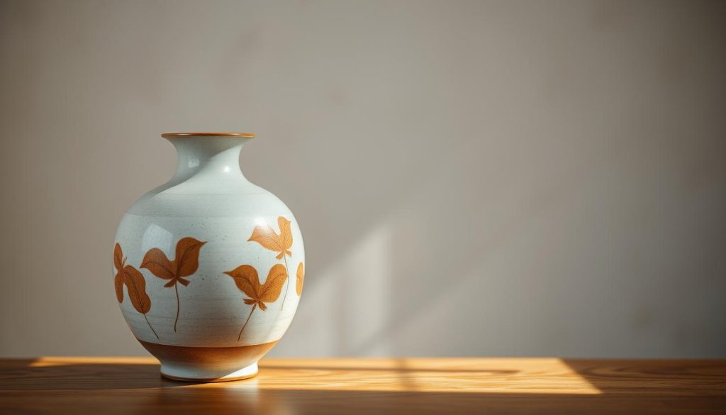 A high-quality ceramic vase resting on a wooden table, its smooth, tactile surface catching the soft, diffused light from an unseen window. The vase is adorned with intricate, hand-painted patterns in earthy tones, hinting at the rich cultural heritage of its craftsmanship. In the background, a blurred, neutral-colored wall provides a simple, uncluttered backdrop, allowing the beauty of the ceramic piece to take center stage. The overall scene exudes a sense of tranquility and artisanal elegance, capturing the essence of the "céramique" material and its unique sonic properties.