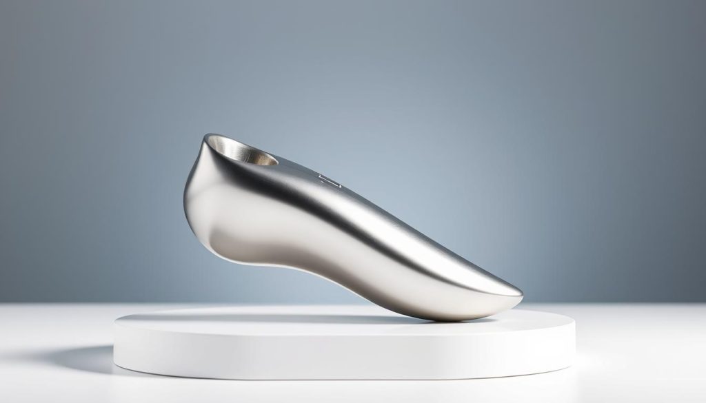 A sleek, modern STL ocarina composed of lustrous stainless steel, resting on a minimalist white surface. The instrument's smooth, curved body reflects soft, directional lighting, highlighting its elegant silhouette. In the background, a slightly blurred, muted gradient in shades of gray and blue creates a serene, professional atmosphere, complementing the ocarina's design. The composition emphasizes the ocarina's craftsmanship and premium quality, suitable for showcasing it in a comparative review of high-end musical instrument brands.