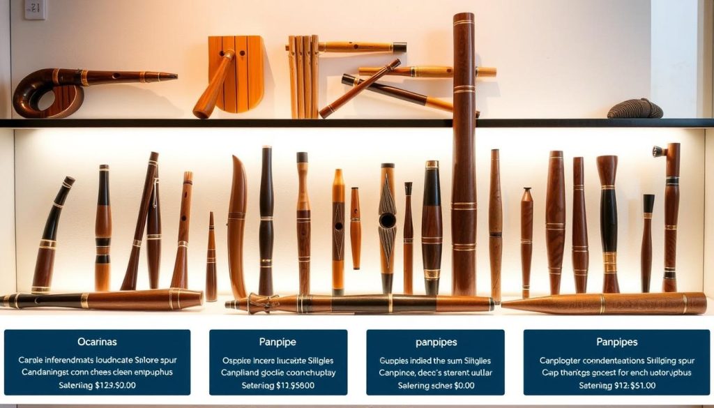 A well-lit display of various wind instruments, including a selection of ocarinas and panpipes, arranged in a visually appealing manner. The instruments are showcased against a clean, neutral background, allowing the craftsmanship and details of the products to take center stage. The lighting is gentle and natural, highlighting the textures and colors of the materials. The overall composition conveys a sense of harmony and craftsmanship, inviting the viewer to appreciate the differences between the ocarina and panpipe designs and their relative pricing and availability for those interested in exploring these musical instruments.