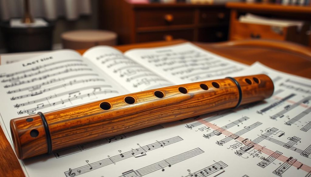 A classical ocarina in the foreground, its delicate woodgrain texture and intricate finger holes illuminated by soft, directional lighting. Surrounding the ocarina, a collection of neatly organized sheet music with progressive exercises for the instrument, each page meticulously detailed. In the background, a warm, cozy atmosphere with hints of a music studio or practice space, perhaps with a wooden desk or shelves of musical instruments visible. The overall scene conveys a sense of focused study, with the ocarina and its accompanying exercises taking center stage, ready to be explored and mastered by the dedicated musician.