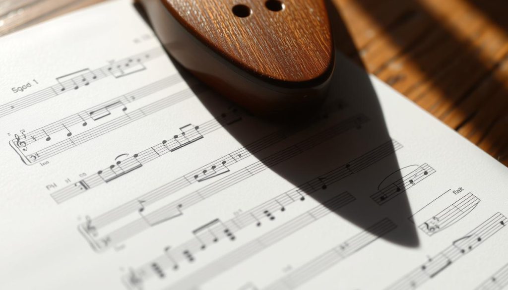 A closeup view of detailed tablature notation for the ocarina, presented on a wooden surface with natural lighting and soft shadows, conveying a sense of musical study and contemplation. The tablature lines and note symbols are crisp and legible, inviting the viewer to interpret and play the music. The overall mood is one of focused attention and the joy of learning a new instrument.