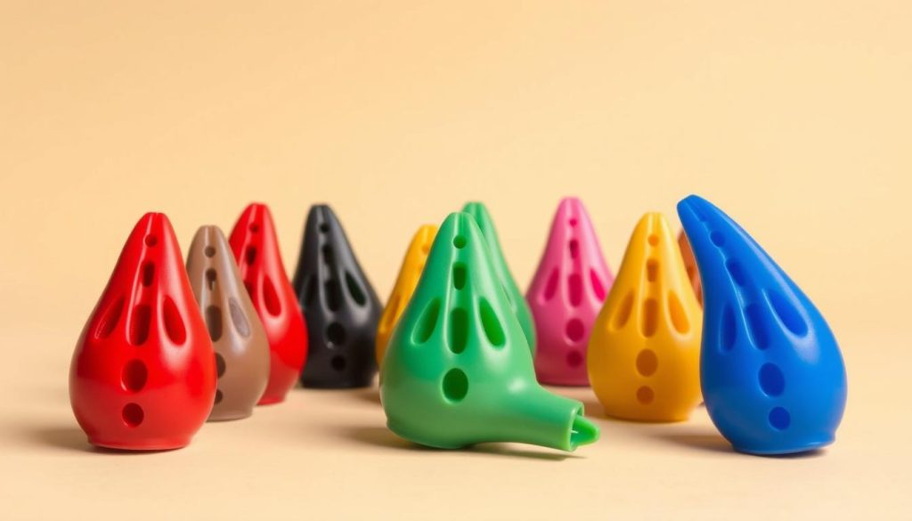 A collection of plastic ocarinas in various colors, captured from multiple angles to showcase their distinct finger holes and intricate contours. The ocarinas are presented against a plain, neutral background, allowing the viewer to focus on their unique shapes and design details. The lighting is soft and diffused, creating subtle shadows that accentuate the instruments' textures and dimensions. The image aims to convey the essential criteria for choosing a plastic ocarina, such as the number and placement of finger holes, the instrument's range and tuning, and the different types available to the musician.