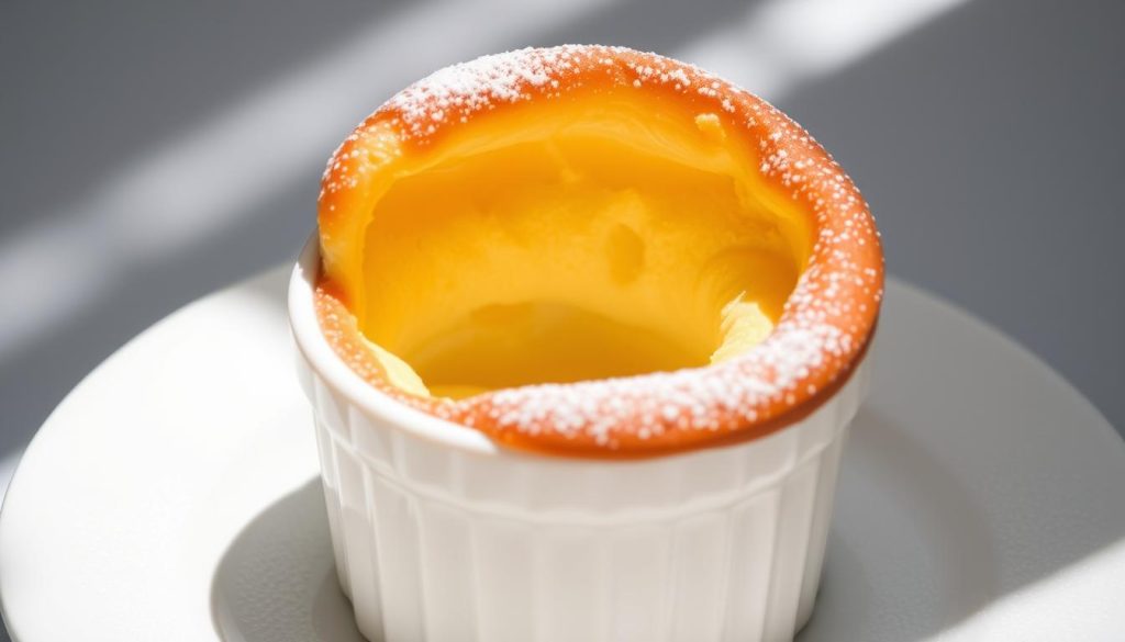 A delicate, golden-brown souffle rises majestically from a pristine white ramekin, its surface lightly dusted with powdered sugar. The interior is airy and light, a testament to the perfect balance of eggs, milk, and careful technique. Soft, natural lighting illuminates the dish, casting subtle shadows that highlight its elegant form. The composition is centered, allowing the souffle to take center stage, inviting the viewer to imagine the satisfying first bite, the gentle collapse of the souffle revealing its fluffy, custard-like interior. This image captures the essence of the section on "Posture, Breathing, and Airflow," showcasing the importance of proper technique and control in mastering the art of playing the ocarina.