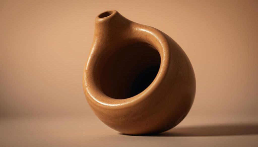 A detailed clay ocarina, captured in a warm, soft-focus studio lighting. The instrument's resonance chamber is prominently featured, showcasing its Helmholtz resonator design. The ocarina's glazed earthenware surface reflects the light, accentuating its organic texture and subtle, mellow tones. The background is a neutral, muted color, allowing the ocarina to be the central focus. Compositionally, the image is balanced, with the ocarina placed slightly off-center to create visual interest. The overall mood is contemplative, highlighting the acoustic principles that give the ocarina its distinctive, soothing voice. A detailed clay ocarina, captured in a warm, soft-focus studio lighting. The instrument's resonance chamber is prominently featured, showcasing its Helmholtz resonator design. The ocarina's glazed earthenware surface reflects the light, accentuating its organic texture and subtle, mellow tones. The background is a neutral, muted color, allowing the ocarina to be the central focus. Compositionally, the image is balanced, with the ocarina placed slightly off-center to create visual interest. The overall mood is contemplative, highlighting the acoustic principles that give the ocarina its distinctive, soothing voice.