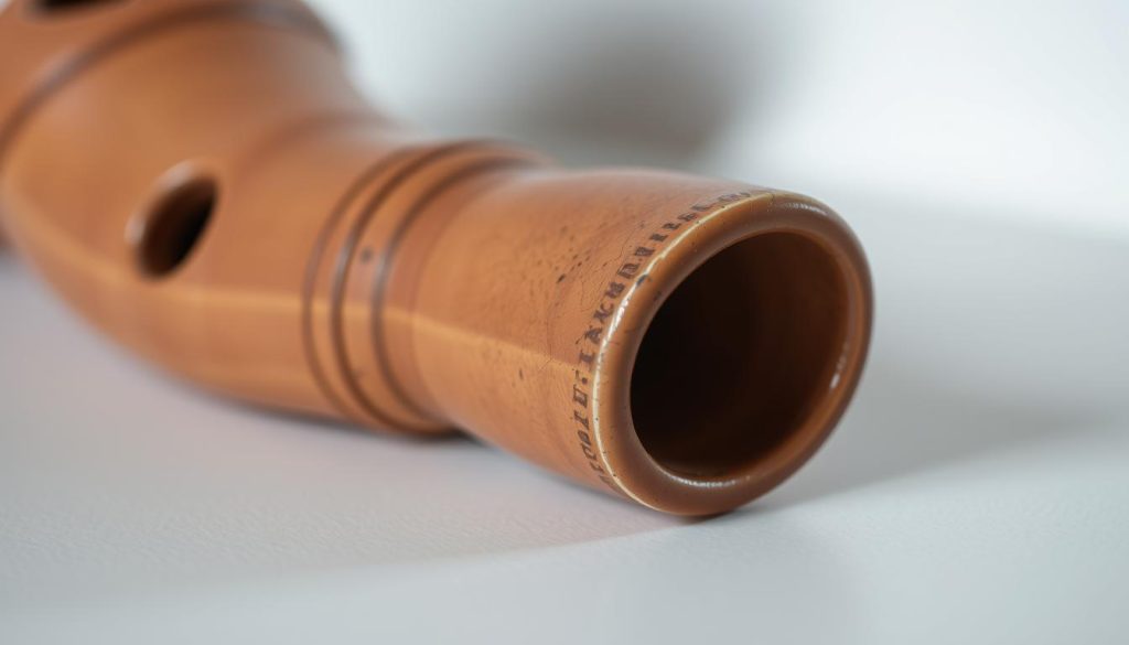 A detailed close-up view of the embouchure of a handcrafted ceramic ocarina. The instrument's unique mouthpiece is the focal point, showcasing the intricate shaping and curvature that allows the player to produce the instrument's distinct, mellow tones. The ocarina rests on a simple, uncluttered surface, allowing the craftsmanship and materiality of the ceramic to be the primary visual focus. Soft, indirect lighting accentuates the warm, earthy tones of the clay, creating a serene, contemplative mood that evokes the meditative nature of playing this ancient wind instrument. A detailed close-up view of the embouchure of a handcrafted ceramic ocarina. The instrument's unique mouthpiece is the focal point, showcasing the intricate shaping and curvature that allows the player to produce the instrument's distinct, mellow tones. The ocarina rests on a simple, uncluttered surface, allowing the craftsmanship and materiality of the ceramic to be the primary visual focus. Soft, indirect lighting accentuates the warm, earthy tones of the clay, creating a serene, contemplative mood that evokes the meditative nature of playing this ancient wind instrument.