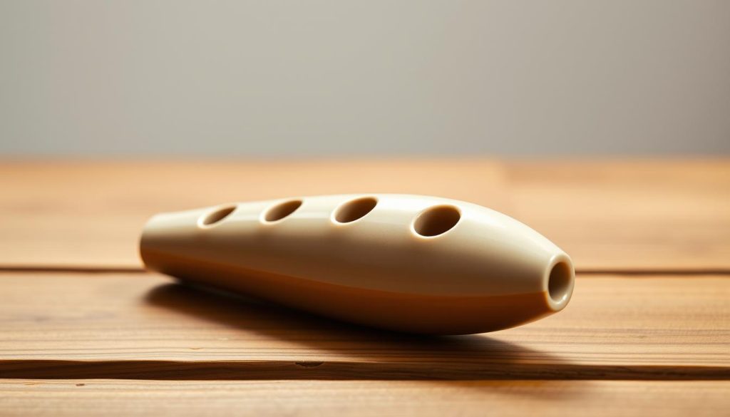 A detailed, high-quality ocarina with 6 finger holes resting on a wooden surface. The ocarina has a smooth, ceramic-like texture with a subtle glaze finish. Soft, directional lighting from the side creates depth and highlights the organic curves of the instrument. The background is a neutral, minimalist setting, allowing the ocarina to be the focal point. The overall mood is one of refined simplicity, inviting the viewer to appreciate the elegant design and craftsmanship of this traditional wind instrument. A detailed, high-quality ocarina with 6 finger holes resting on a wooden surface. The ocarina has a smooth, ceramic-like texture with a subtle glaze finish. Soft, directional lighting from the side creates depth and highlights the organic curves of the instrument. The background is a neutral, minimalist setting, allowing the ocarina to be the focal point. The overall mood is one of refined simplicity, inviting the viewer to appreciate the elegant design and craftsmanship of this traditional wind instrument.