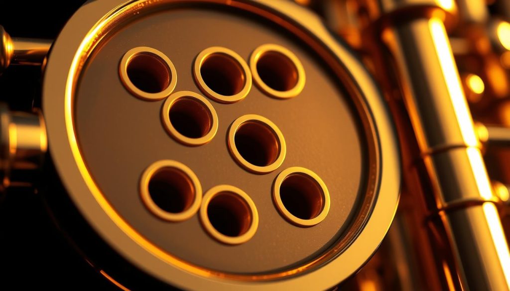 A detailed portrait of a wind instrument's "tessiture" or tonal range, captured in a meticulously rendered cross-section. The instrument's intricate internal structure is revealed, showcasing the precisely engineered tone holes that define its musical capabilities. Warm lighting casts a soft glow, highlighting the instrument's complex geometry and the delicate balance of acoustics that enables its expressive voice. The image conveys a sense of technical sophistication and musical potential, inviting the viewer to appreciate the engineering marvels that underpin the art of wind instrument performance. A detailed portrait of a wind instrument's "tessiture" or tonal range, captured in a meticulously rendered cross-section. The instrument's intricate internal structure is revealed, showcasing the precisely engineered tone holes that define its musical capabilities. Warm lighting casts a soft glow, highlighting the instrument's complex geometry and the delicate balance of acoustics that enables its expressive voice. The image conveys a sense of technical sophistication and musical potential, inviting the viewer to appreciate the engineering marvels that underpin the art of wind instrument performance.