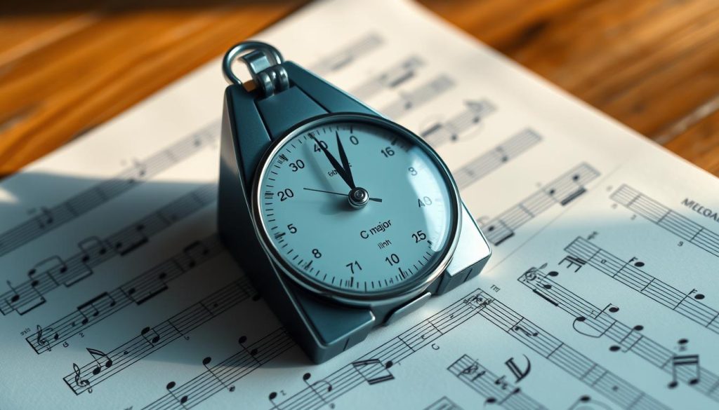 A detailed, realistic metronome resting on a sheet music score, displaying the musical scale of C major. The metronome is precisely calibrated, with a crisp, functional appearance. The sheet music is elegantly rendered, the staves and clefs clearly visible. The lighting is soft and natural, casting gentle shadows that accentuate the three-dimensional form of the metronome. The composition is balanced, with the metronome positioned centrally against a subtly blurred background, allowing the viewer to focus on the core elements. The overall atmosphere is one of focus, clarity, and the discipline of musical practice.