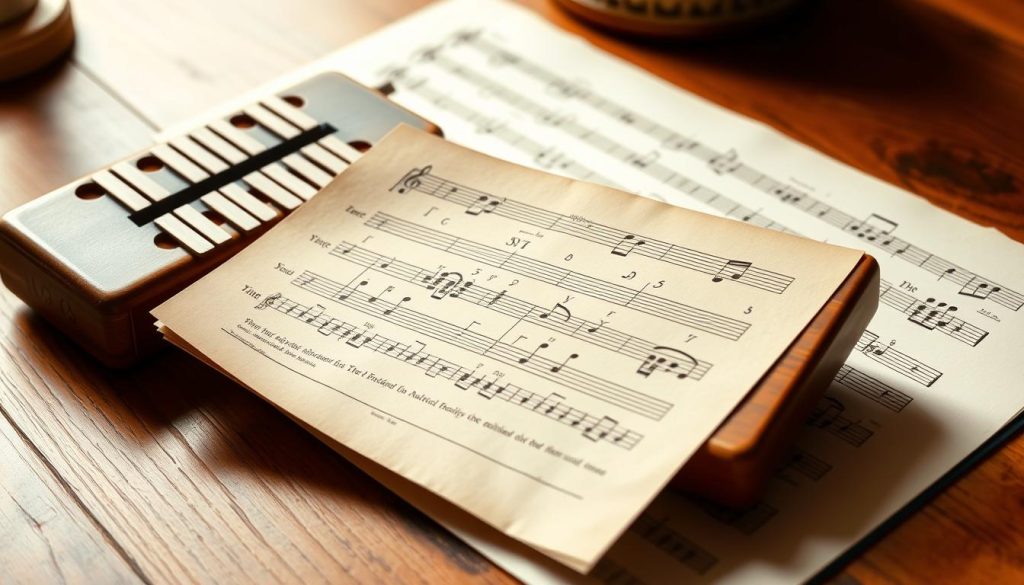A detailed tablature sheet for a 10-hole ocarina, centered on a wooden table with a warm, natural lighting. The tablature shows the finger positions for playing various notes, with clear notation and diagrams. In the background, a vintage-style ocarina rests next to the sheet, creating a sense of harmony between the written music and the instrument. The overall scene evokes a cozy, musical atmosphere, perfect for illustrating the section on reading and using ocarina tablatures and sheet music. A detailed tablature sheet for a 10-hole ocarina, centered on a wooden table with a warm, natural lighting. The tablature shows the finger positions for playing various notes, with clear notation and diagrams. In the background, a vintage-style ocarina rests next to the sheet, creating a sense of harmony between the written music and the instrument. The overall scene evokes a cozy, musical atmosphere, perfect for illustrating the section on reading and using ocarina tablatures and sheet music.