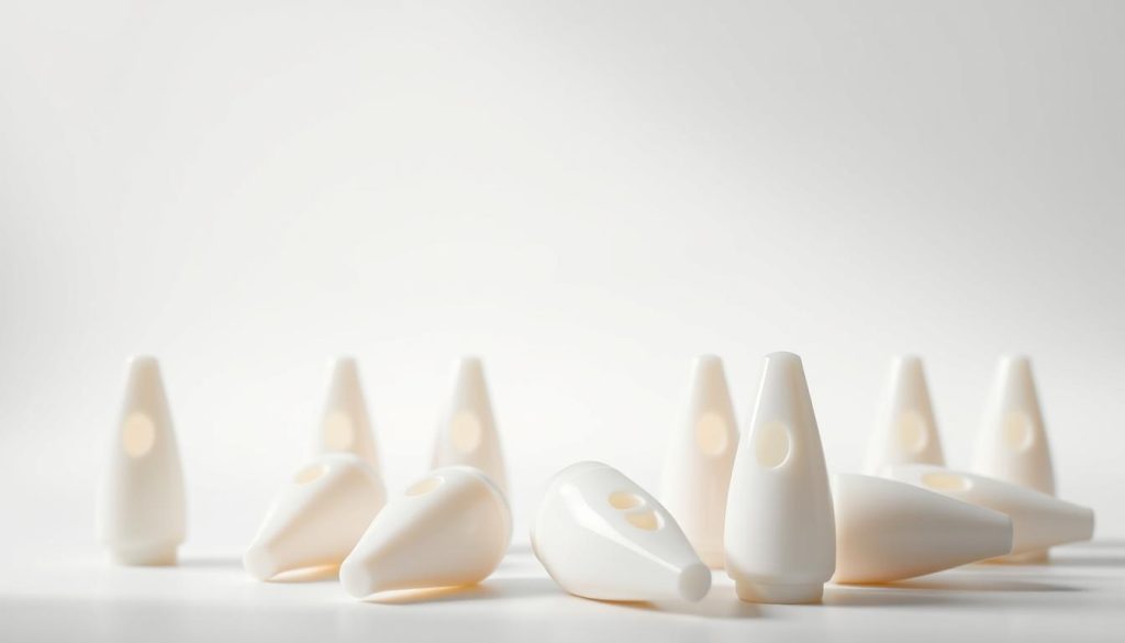 A highly detailed, photorealistic image of a set of ocarinas made from plastic. The ocarinas are in the foreground, with a soft, diffused lighting that accentuates their smooth, glossy surfaces. The middle ground shows a clean, minimal backdrop, allowing the ocarinas to be the focal point. The background is slightly blurred, creating a sense of depth and focus on the main subject. The ocarinas are shown from multiple angles, capturing their distinct shapes and design elements. The overall scene conveys a sense of simplicity, elegance, and the material properties of the plastic construction.