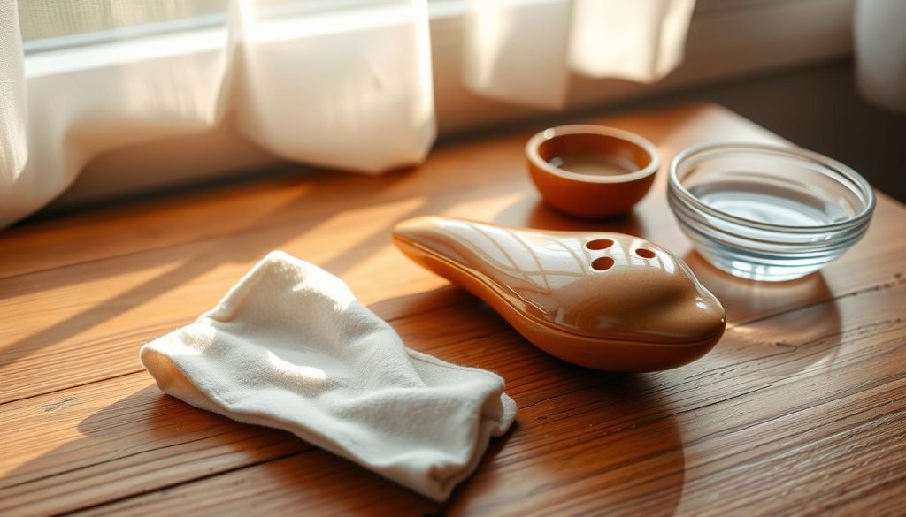 A serene ceramic ocarina nestled on a wooden table, its delicate curves and warm earthen tones reflecting the soft afternoon light filtering through a window. Nearby, a damp cloth and a small bowl of water suggest a routine of gentle cleaning and maintenance, conveying a sense of care and respect for this musical instrument. The overall atmosphere is one of tranquility and reverence, inviting the viewer to imagine the soothing melodies that might emanate from the ocarina after each use. A serene ceramic ocarina nestled on a wooden table, its delicate curves and warm earthen tones reflecting the soft afternoon light filtering through a window. Nearby, a damp cloth and a small bowl of water suggest a routine of gentle cleaning and maintenance, conveying a sense of care and respect for this musical instrument. The overall atmosphere is one of tranquility and reverence, inviting the viewer to imagine the soothing melodies that might emanate from the ocarina after each use.