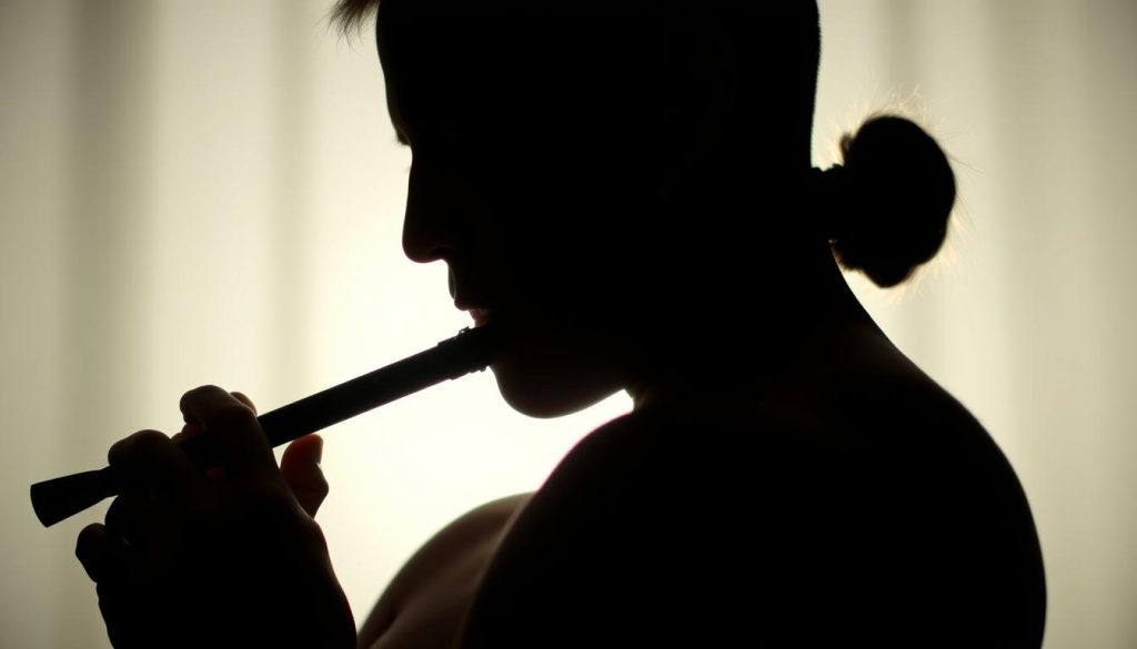 A skilled ocarinist performing the advanced "vibrato diaphragmatique" technique, with a focused, intense expression on their face. The player's torso is in the foreground, silhouetted against a softly lit, ethereal background that evokes the serene and meditative nature of the ocarina's sound. The lighting is soft and diffused, casting gentle shadows that accentuate the musician's posture and breath control. The image captures the grace and precision required to master this challenging ocarinal technique, conveying the dedication and passion of the performer.