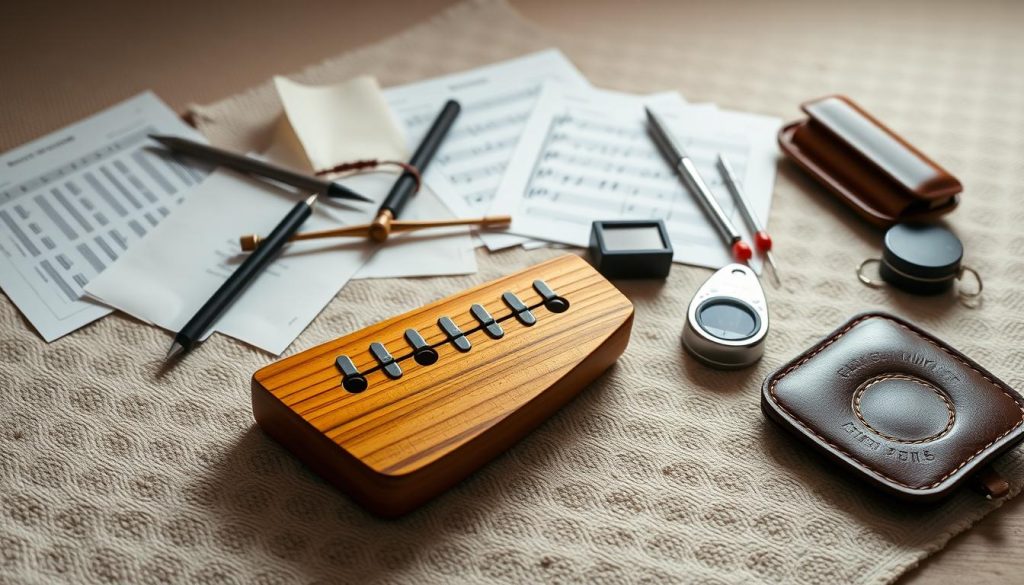 A still life photograph of a collection of materials and tools for playing the 10-hole ocarina. In the foreground, an elegant wooden 10-hole ocarina with a warm, natural finish sits on a textured, neutral-colored surface. Around the ocarina are various accessories like fingering charts, sheet music, and a polishing cloth. The middle ground features a selection of useful tools such as a tuning fork, a digital metronome, and a small, well-worn leather case. In the background, a soft, diffused lighting illuminates the scene, casting gentle shadows and highlighting the tactile qualities of the materials. The overall mood is one of precision, dedication, and the craft of mastering the 10-hole ocarina. A still life photograph of a collection of materials and tools for playing the 10-hole ocarina. In the foreground, an elegant wooden 10-hole ocarina with a warm, natural finish sits on a textured, neutral-colored surface. Around the ocarina are various accessories like fingering charts, sheet music, and a polishing cloth. The middle ground features a selection of useful tools such as a tuning fork, a digital metronome, and a small, well-worn leather case. In the background, a soft, diffused lighting illuminates the scene, casting gentle shadows and highlighting the tactile qualities of the materials. The overall mood is one of precision, dedication, and the craft of mastering the 10-hole ocarina.