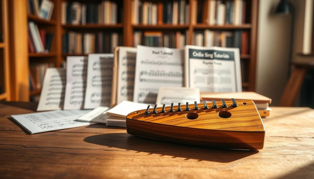 A visually appealing composition showcasing a selection of resources for playing the 4-hole ocarina. In the foreground, a carefully crafted 4-hole ocarina sits atop a wooden surface, casting subtle shadows. The middle ground features a variety of sheet music, songbooks, and online tutorials, neatly organized to suggest a structured approach to learning. The background depicts a softly blurred library or study, hinting at the wealth of knowledge available for the dedicated ocarina player. Warm, natural lighting illuminates the scene, creating a cozy, inviting atmosphere. The image conveys a sense of focus, dedication, and the joy of musical exploration. A visually appealing composition showcasing a selection of resources for playing the 4-hole ocarina. In the foreground, a carefully crafted 4-hole ocarina sits atop a wooden surface, casting subtle shadows. The middle ground features a variety of sheet music, songbooks, and online tutorials, neatly organized to suggest a structured approach to learning. The background depicts a softly blurred library or study, hinting at the wealth of knowledge available for the dedicated ocarina player. Warm, natural lighting illuminates the scene, creating a cozy, inviting atmosphere. The image conveys a sense of focus, dedication, and the joy of musical exploration.