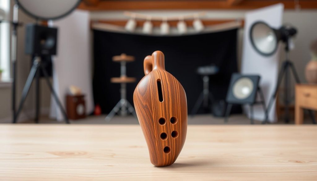 A well-crafted ocarina in the foreground, its intricate finger holes and elegant curves captured in crisp detail. Positioned on a clean, minimalist wooden surface, the instrument is complemented by a soft, natural lighting that enhances its material textures. In the background, a blurred studio setup suggests a professional environment, hinting at the care and craftsmanship that goes into selecting the right ocarina model. The overall composition conveys a sense of thoughtful consideration and appreciation for the instrument, reflecting the focus of the article section on choosing the perfect ocarina. A well-crafted ocarina in the foreground, its intricate finger holes and elegant curves captured in crisp detail. Positioned on a clean, minimalist wooden surface, the instrument is complemented by a soft, natural lighting that enhances its material textures. In the background, a blurred studio setup suggests a professional environment, hinting at the care and craftsmanship that goes into selecting the right ocarina model. The overall composition conveys a sense of thoughtful consideration and appreciation for the instrument, reflecting the focus of the article section on choosing the perfect ocarina.